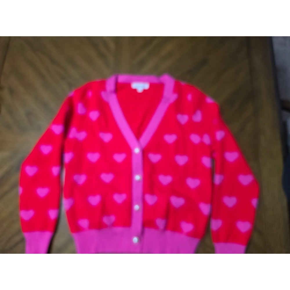 Nanette Lepore Red Pink Heart Cardigan Sweater Pearl Buttons Medium